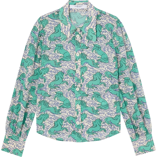 LK BENNETT绿色印花衬衫真丝秋款优雅湖绿色泡泡袖气质上衣