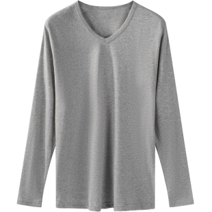 宜而男士纯棉圆领秋衣超薄精梳棉保暖内衣宽松V领长袖打底衫春秋