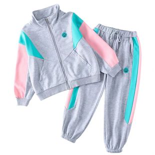 女童运动套装秋冬洋气纯棉外套大童女孩开衫一体灰卫衣棒球服加绒