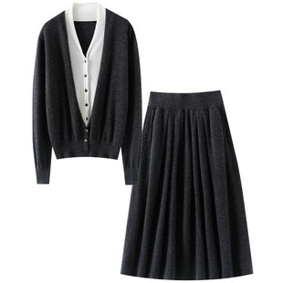 藏不住的气质!秋冬假两件100%纯山羊绒衫女V领针织半身裙子套装