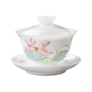 妙莲天香德化白瓷手绘三才盖碗茶杯高档家用陶瓷功夫茶具泡茶碗
