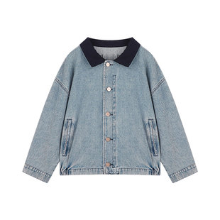 Amybaby女童上衣春季2026新款美式简约百搭复古宽松牛仔夹克外套