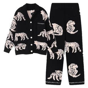 末里末【雅黑豹子】半边绒保暖睡衣情侣装秋冬天翻领家居服套装女