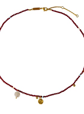 酒红色新年串珠项链新中式