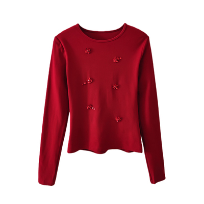 法式设计感手工钉珠长袖打底衫女