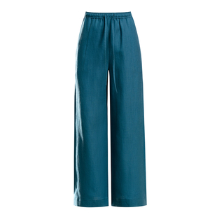 孔雀蓝天丝亚麻阔腿裤女夏季薄款松紧腰宽松显瘦垂感休闲直筒长裤