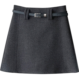 韩国chic简约羊绒毛呢料西装短裙女秋冬拼接百搭包臀A字半身裙子