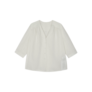 LESS通勤感桑蚕真丝褶皱宽松衬衫女休闲简约V领中袖衬衣2O5213590