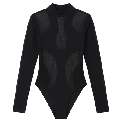 black silk bodysuit long sleeve紧身连体衣女全透蕾丝上衣