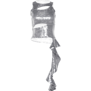 KLIOU 酷girl炸街blingbling镂空亮片背心女设计感不规则显瘦上衣