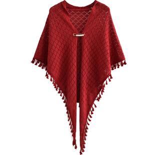 薄款复古旗袍披肩女士流苏外搭结婚婚礼礼服晚宴伴娘春秋三角红色