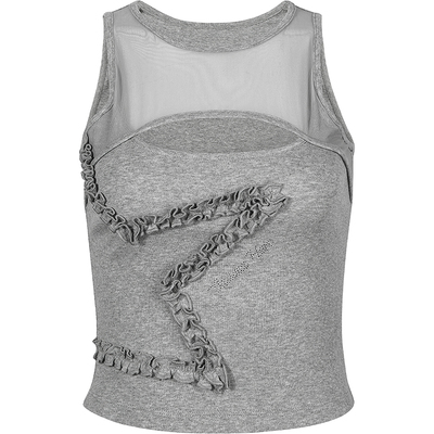 GUUKAHERO花灰捏褶网纱拼接背心