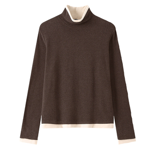 撞色假两件超好看内搭打底衫女胖mm大码半高领长袖t恤女咖色上衣