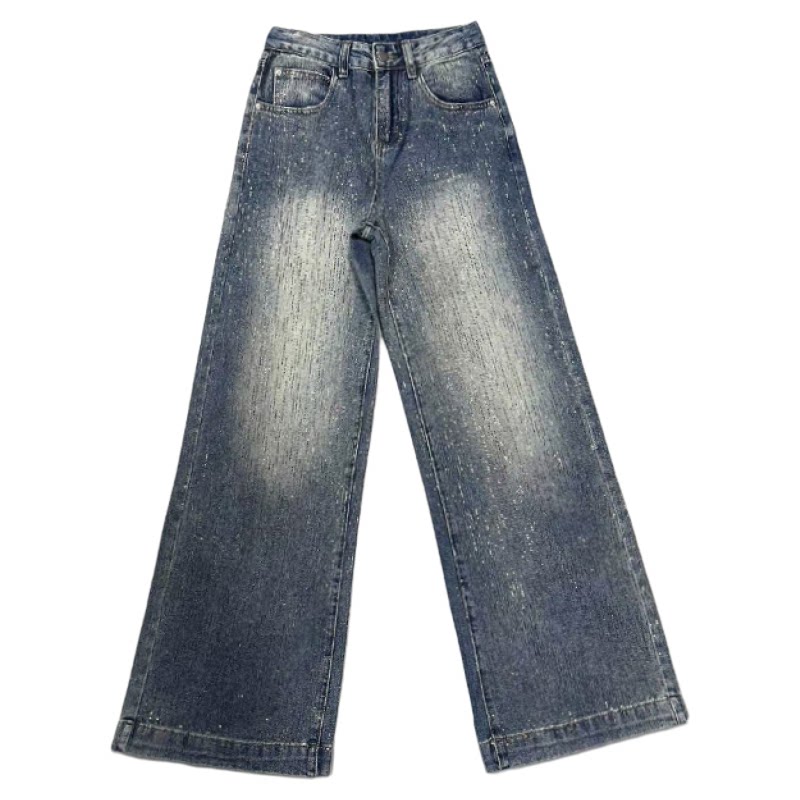 李李服饰流星雨重工烫钻阔腿牛仔裤女2026年春季高腰显瘦长裤