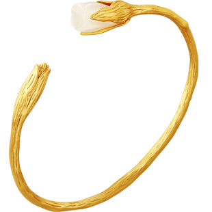 老银匠s925纯银手镯女款和田玉兰花新中式国风纯银镯子年货节礼物