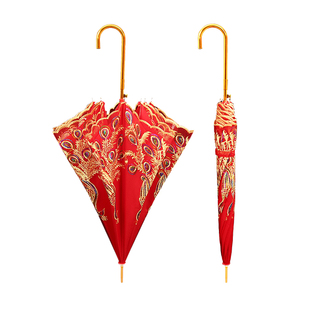 结婚红伞新娘雨伞出嫁伞婚庆用中式婚礼古风弯钩长柄刺绣喜伞陪嫁