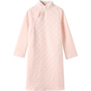 美标三层加厚夹棉保暖睡衣女秋冬中国风空气棉纯棉睡裙全棉家居服