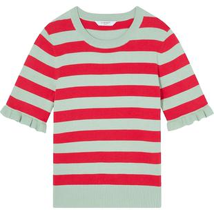 LK BENNETT红色针织衫秋新款纹纯棉套头短t恤袖荷叶边