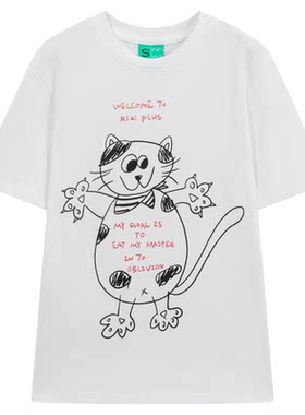 riverstone plus 涂鸦斑点狗猫插画印花短袖T恤女圆领百搭打底衫