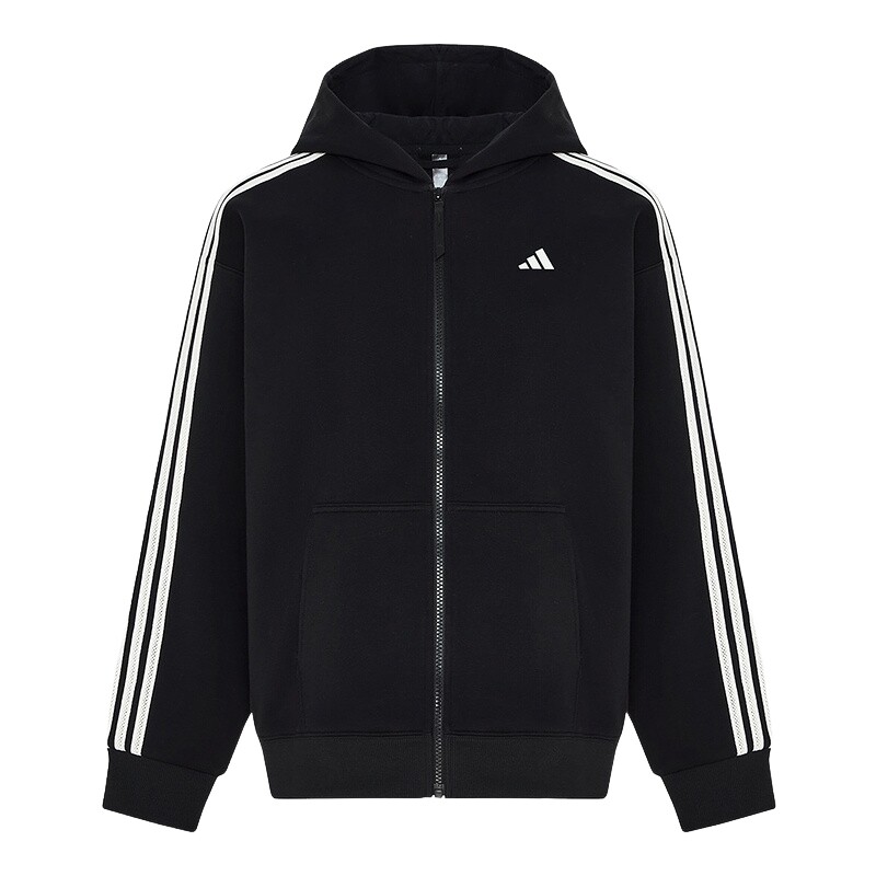 adidas阿迪达斯2026冬女三条纹宽松休闲抓绒连帽外套卫衣 KW7239