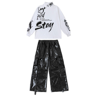 儿童街舞演出服装hiphop男童嘻哈白色高领卫衣黑色亮面皮裤套装酷