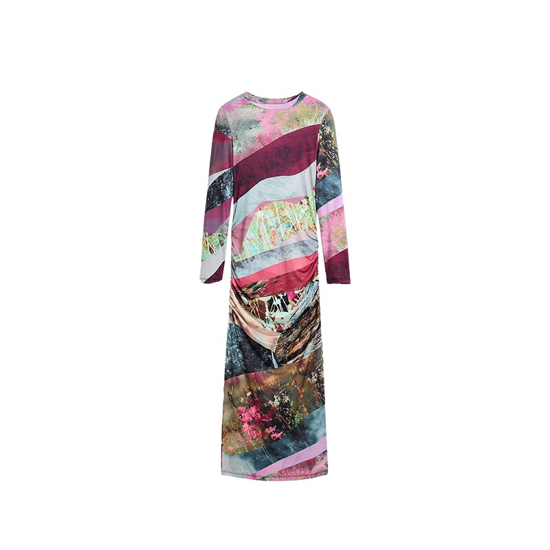 Desigual26秋冬新品弹力修身拼贴折痕印花收腰长袖连衣裙