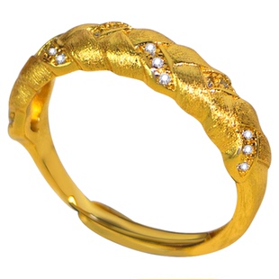 金囍临门麦穗沙金戒指拉丝纹理素圈麻花编织镀黄金色戒指活口可调