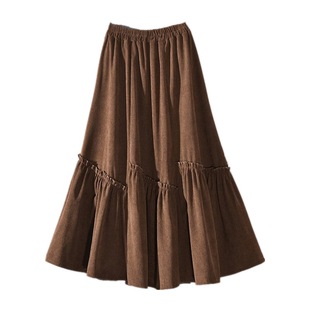 a字灯芯绒半身裙女春秋季长款长裙小个子不规则花边全松紧腰伞裙