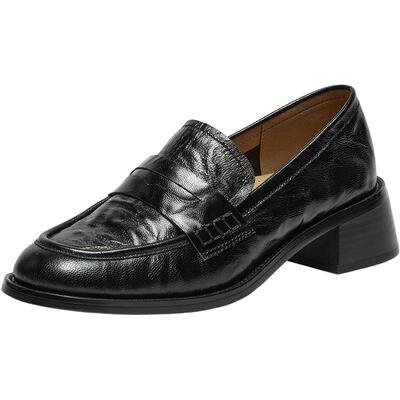 Bata乐福鞋女秋羊皮抓纹粗跟舒适英伦通勤一脚蹬单鞋63051CA5