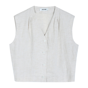 pusumede 老钱风小飞袖衬衫女v领无袖衬衣极简气质莱赛尔亚麻上衣