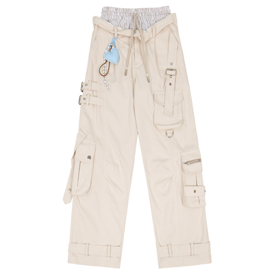 松紧腰双裤腰假两件米色工装裤