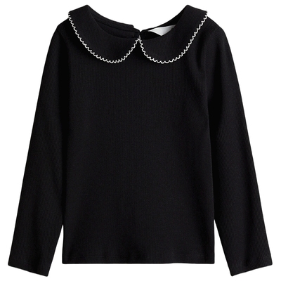 HM童装儿童女童T恤2025秋新款圆角领锁边罗纹打底长袖上衣1295566