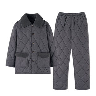 猫人男士三层夹棉睡衣秋冬款加厚加绒梭织纯棉保暖家居服套装