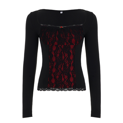 黑红蕾丝拼接方领低胸T恤