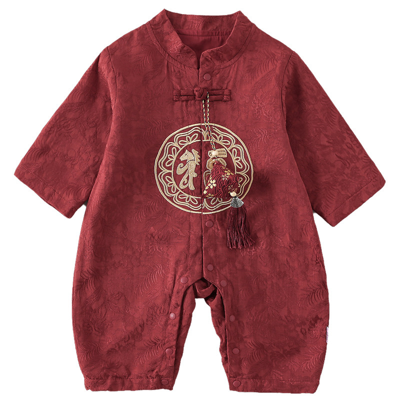 新中式婴儿衣服春秋季百天周岁宝宝礼服喜庆红色秋冬装唐装抓阄服
