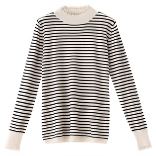 大洪洪【松弛叠搭】冬季款木耳边条纹针织衫女打底衫内搭套头毛衣