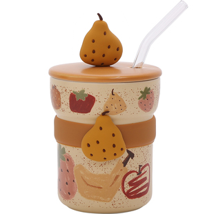 甜欧尼高颜值带盖陶瓷吸管杯特别好看的水果手握杯果汁杯喝水杯子