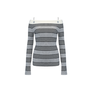 Bettychow 中古羊绒灰色条纹链条露肩毛衣一字领时髦长袖潮流上衣