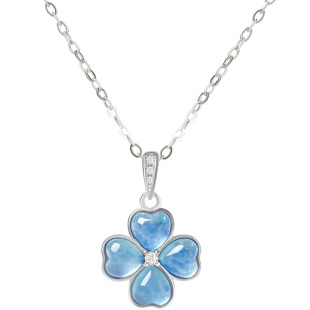 宫里上新四叶草项链女天然海蓝宝吊坠蓝色水晶首饰生日妇女节礼物