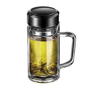 双层手柄玻璃杯带把办公杯茶水分离喝水杯男大容量泡茶杯带盖杯子