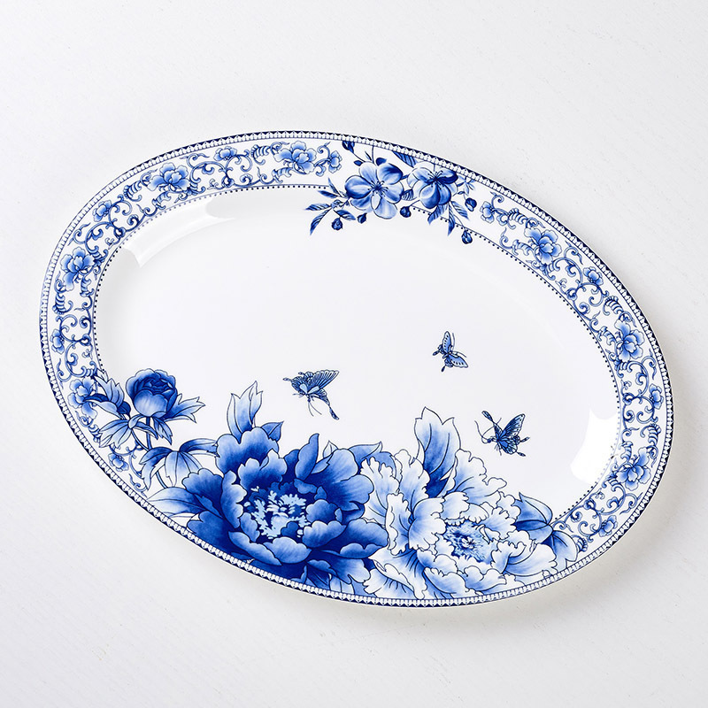 大号蒸鱼盘子景德镇陶瓷12英寸骨瓷盘子釉下彩椭圆形鱼盘家用新款