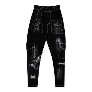 复古帅气牛仔裤女潮2026春季显瘦哈伦裤裤子黑色女士工装裤哈伦裤