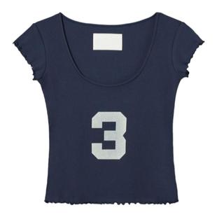 eihey诶嘿夏季休闲数字印花T恤短款方圆领木恶变显瘦百搭修身短袖