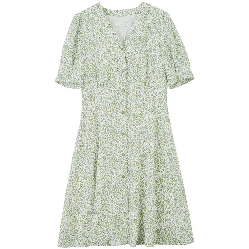 Lavinia 碎花连衣裙女夏季新款小清新高腰泡泡袖法式绿花v领裙子