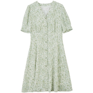 Lavinia 碎花连衣裙女夏季新款小清新高腰泡泡袖法式绿花v领裙子