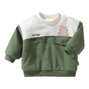 童泰卫衣秋冬新品男女童上衣加绒加厚拼接T恤假两件套头宽松圆领