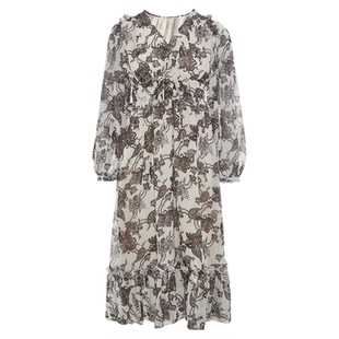 MOUSSY 秋季新品复古风花纹雪纺V领长袖连衣裙028IAB33-1010