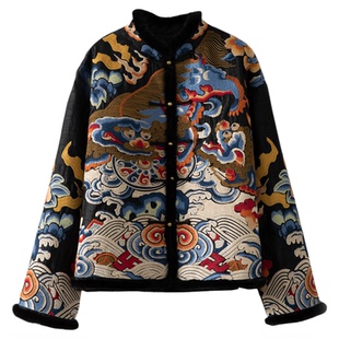 一丝牵填充100%桑蚕丝重工满绣国风香云纱棉服外套新中式棉衣棉袄