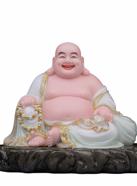 典藏宽体弥勒笑佛汉白玉天青描金大肚和尚弥勒佛菩萨祝福工艺摆件