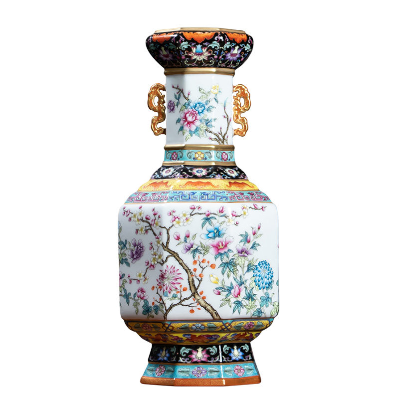 钟家窑景德镇陶瓷器花瓶珐琅彩双耳瓷瓶轻奢高档家居客厅装饰摆件